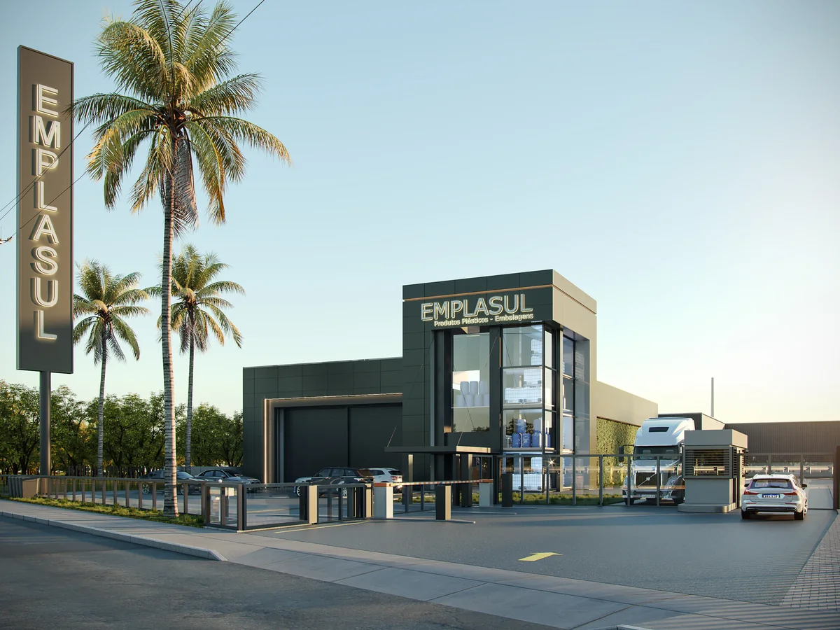 Perspectiva do projeto de ampliação e retrofit da Emplasul, em Palhoça, pela Progetta Studio