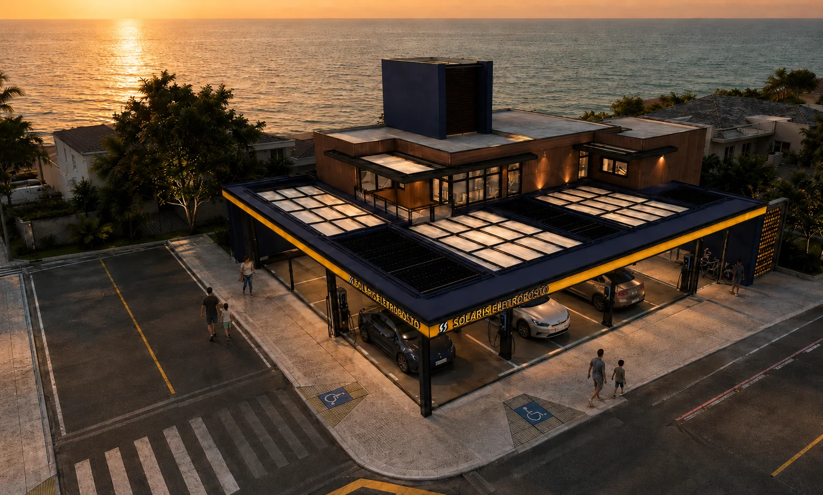 Perspectiva do Solaris Eletroposto, no bairro Balneario, em Florianopolis, com cobertura metalica e captacao solar fotovoltaica