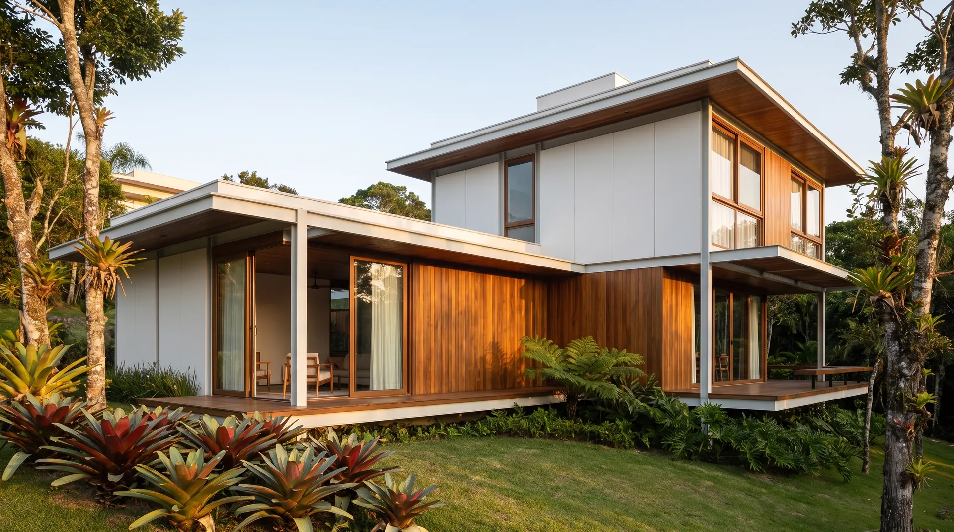 Casa contemporânea de dois pavimentos em steel frame, com grandes aberturas de vidro, em terreno arborizado