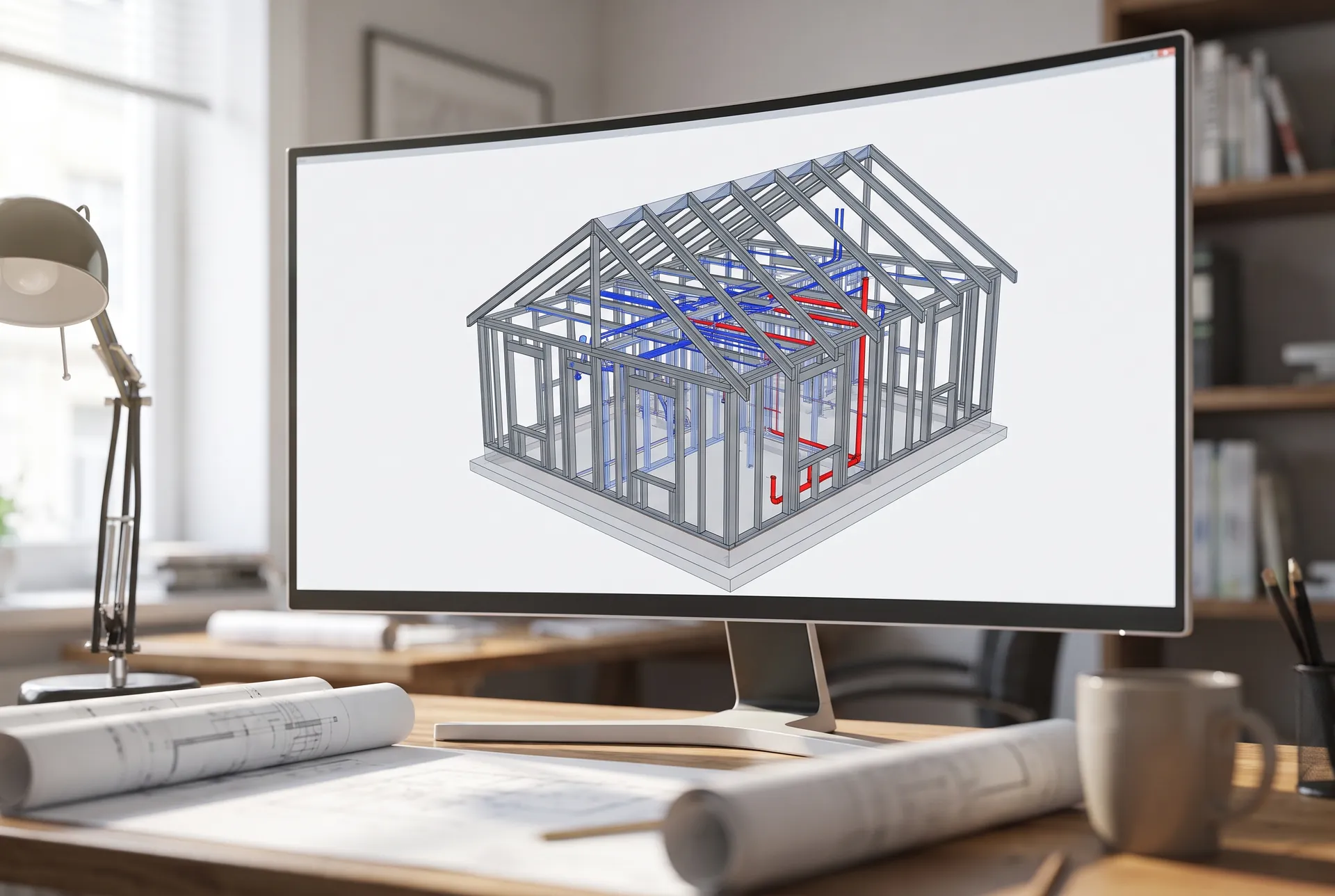 Modelo 3D de uma casa em steel frame com estrutura e instalações sobrepostas na tela de um computador