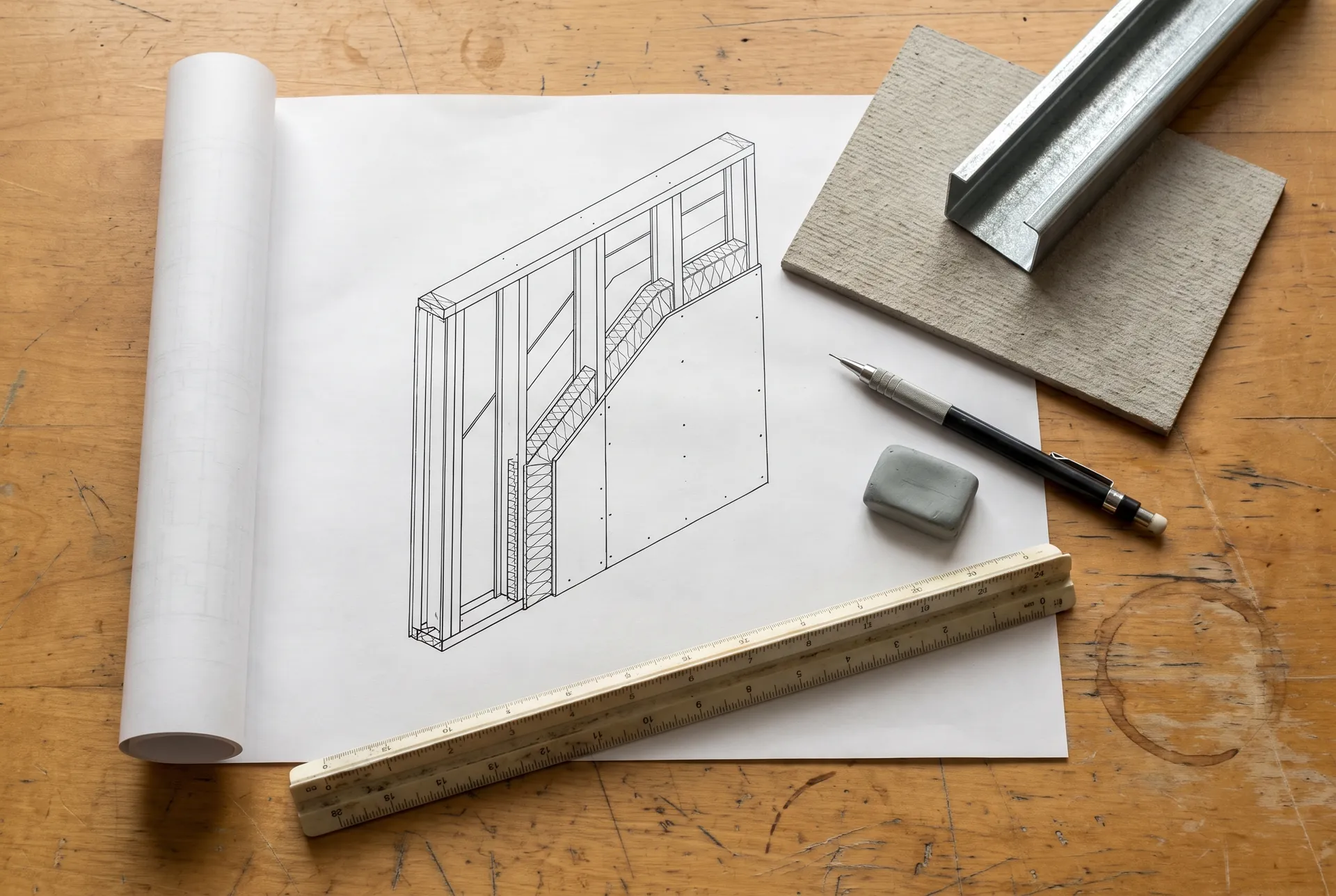 Prancheta de arquitetura com detalhe construtivo de parede em perfis de aço e chapas