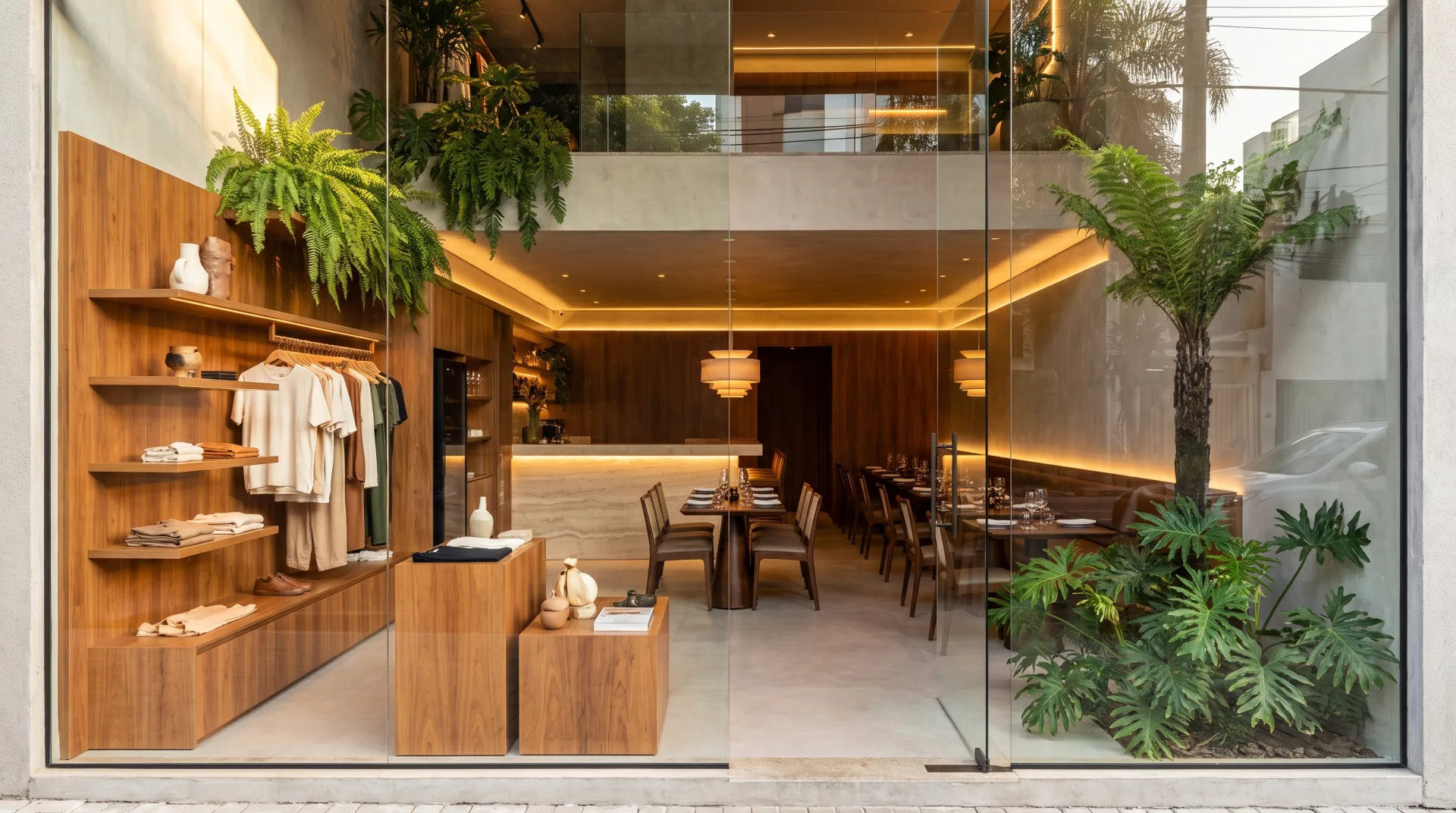 Projeto de loja com vitrine iluminada e salão de restaurante integrados em espaço comercial contemporâneo