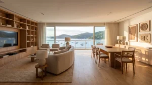 Reforma de apartamento de alto padrão com sala integrada e vista para o mar