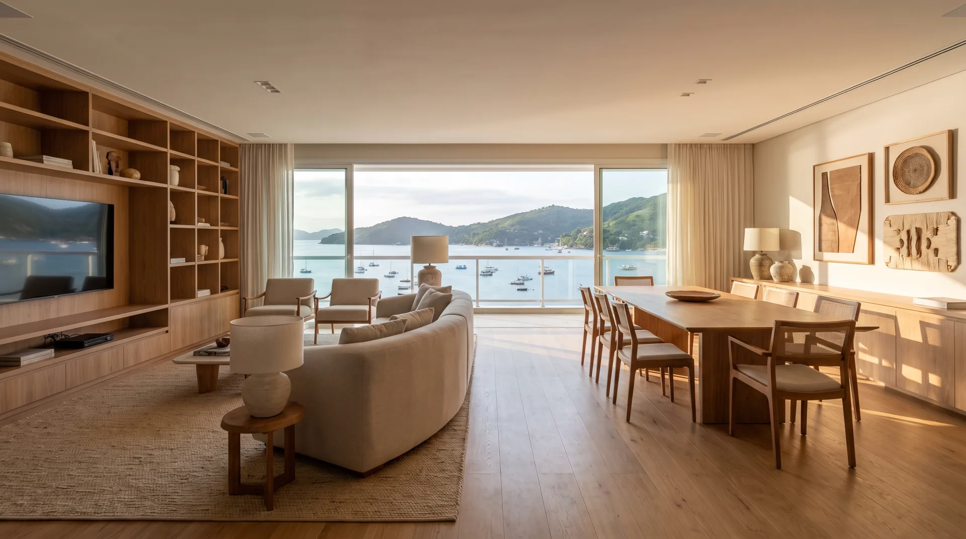 Reforma de apartamento de alto padrão com sala integrada e vista para o mar